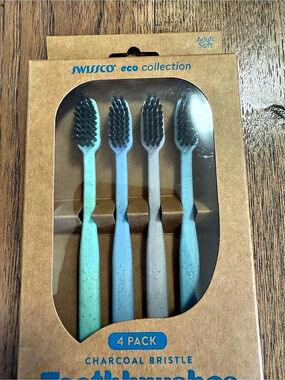 SWISSCO Eco Collection Charcoal-Infused Soft Toothbrush 4 Pack w/ Travel Cases
